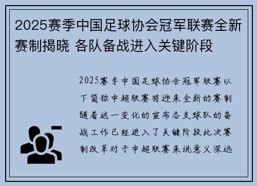 2025赛季中国足球协会冠军联赛全新赛制揭晓 各队备战进入关键阶段